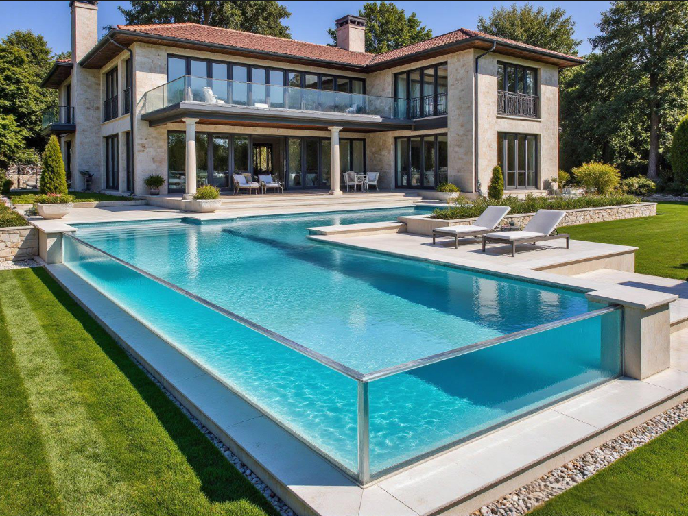 Maßgeschneiderte große klare Acryl-Poolwand für Infinity-Edge-Swimmingpool Hotel Villa Resort