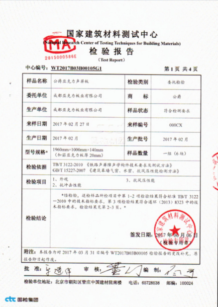 China Chengdu Cast Acrylic Panel Industry Co., Ltd zertifizierungen